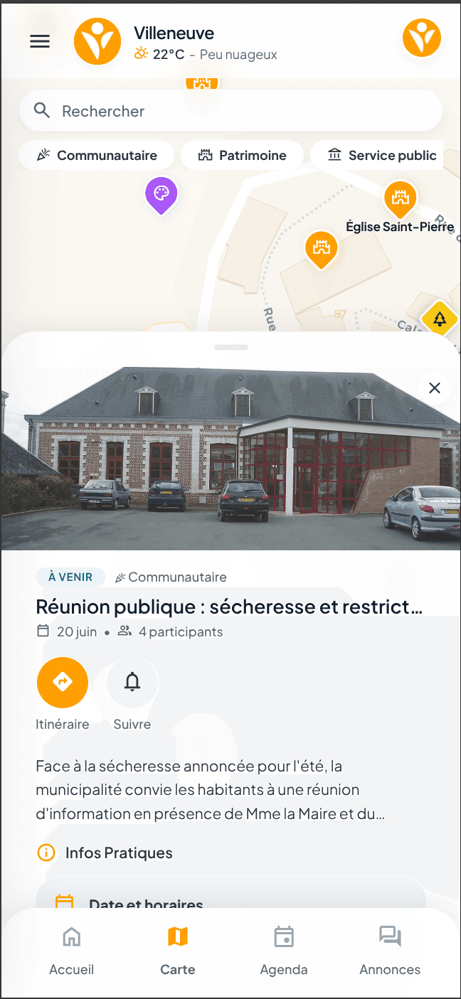 Écran Carte de l'application Villy : lieux clés de la commune géolocalisés sur la carte